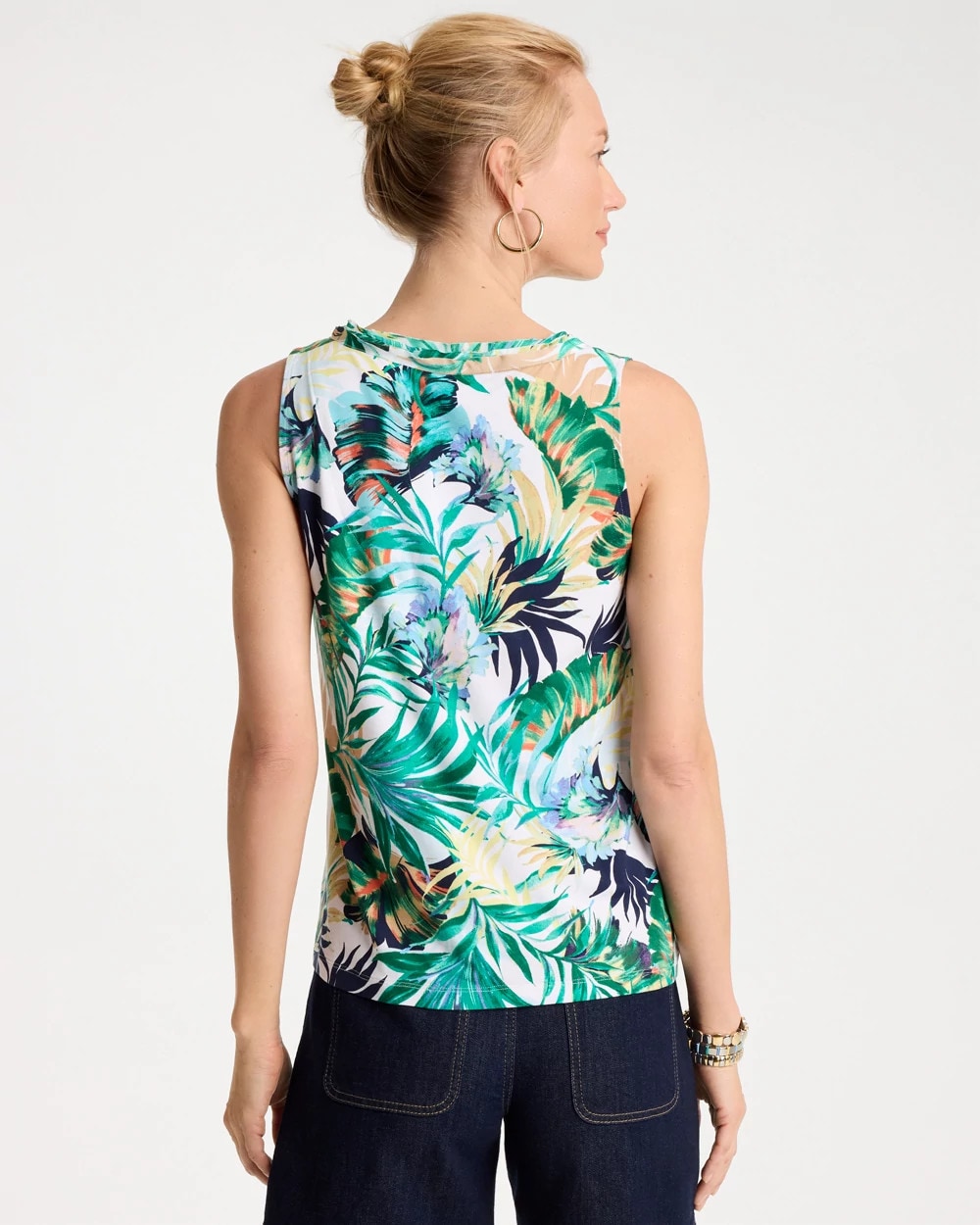 Chico's Classic - Tropical Jersey Satin Tank Top Topanga Green