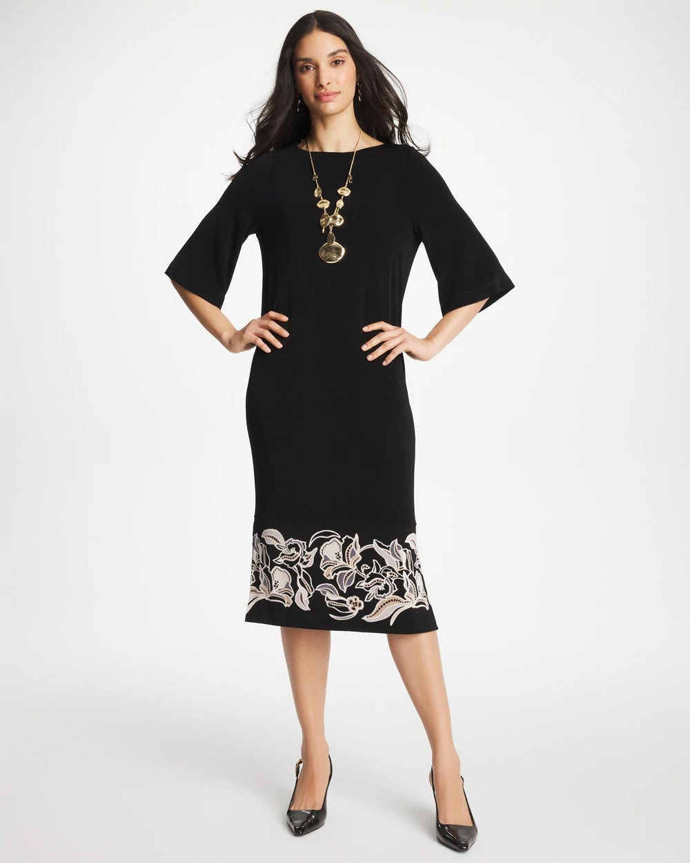 Chico's Signature - Travelers™ Border Kimono Sleeve Dress Travelers Black