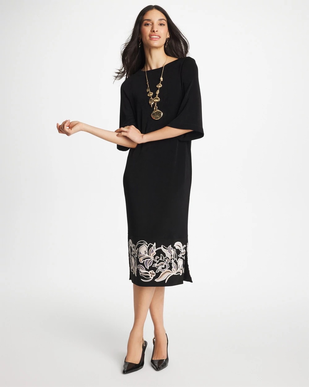 Chico's Signature - Travelers™ Border Kimono Sleeve Dress Travelers Black