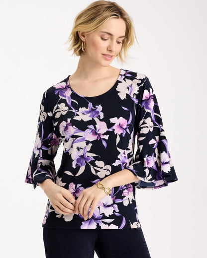 Chico's New - Travelers™ Amethyst Iris Flounce-Sleeve Top Travelers India Ink
