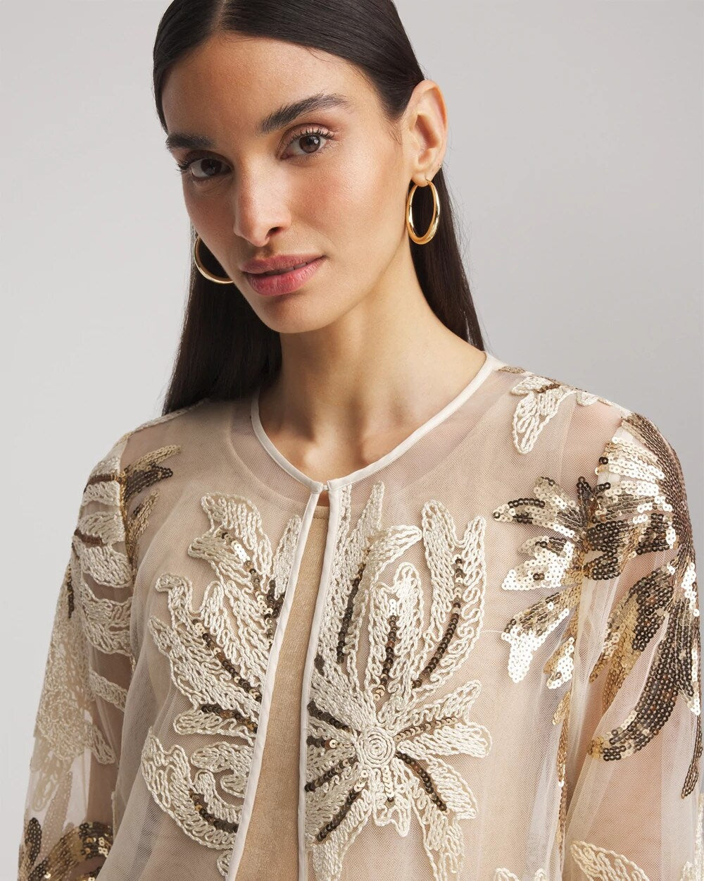 Chico's Classic - Travelers™ Collection Sequin-Mesh Jacket Modern Ecru