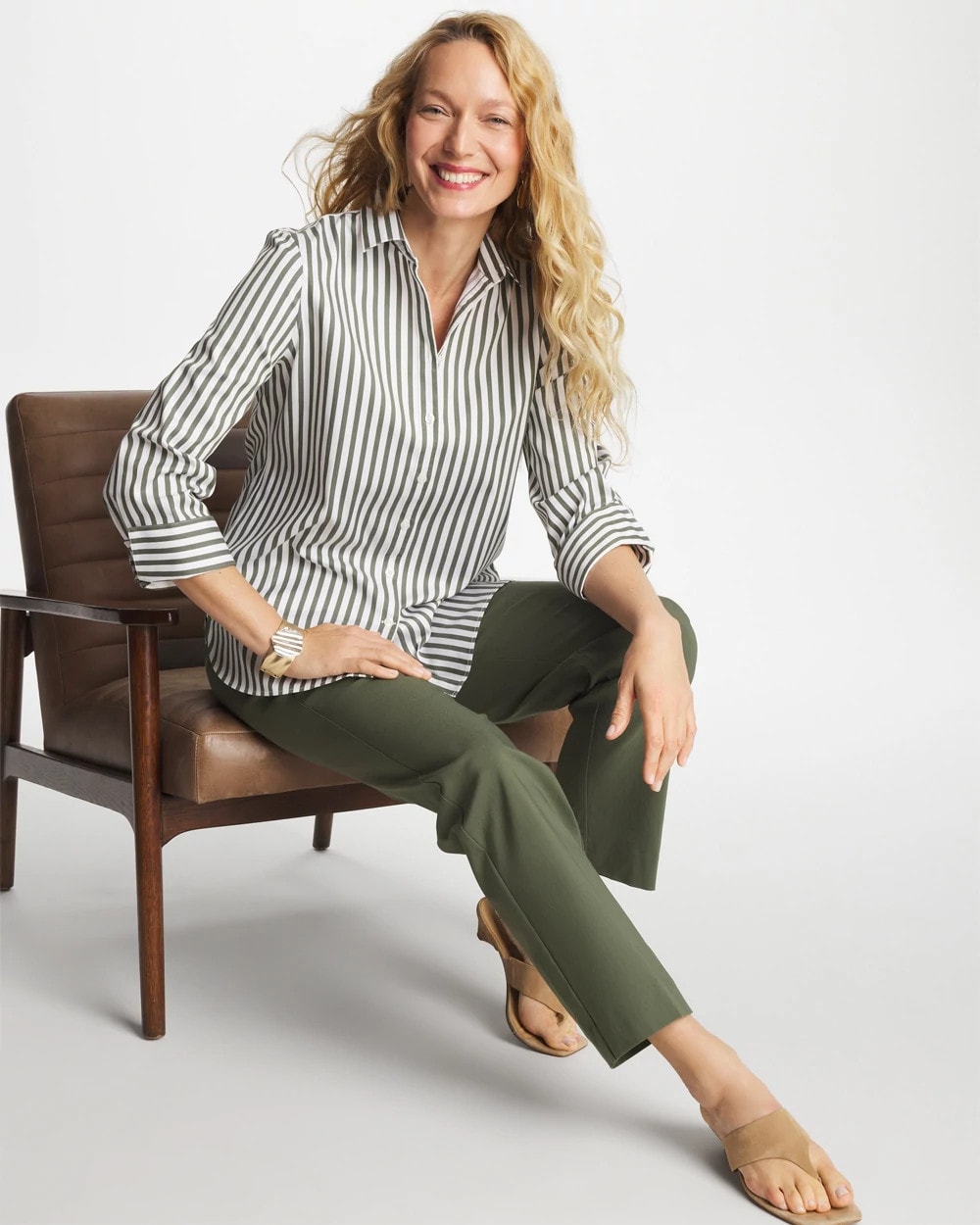 Chico's Featured - No Iron™ Stretch Striped Shirt Kelp Forest