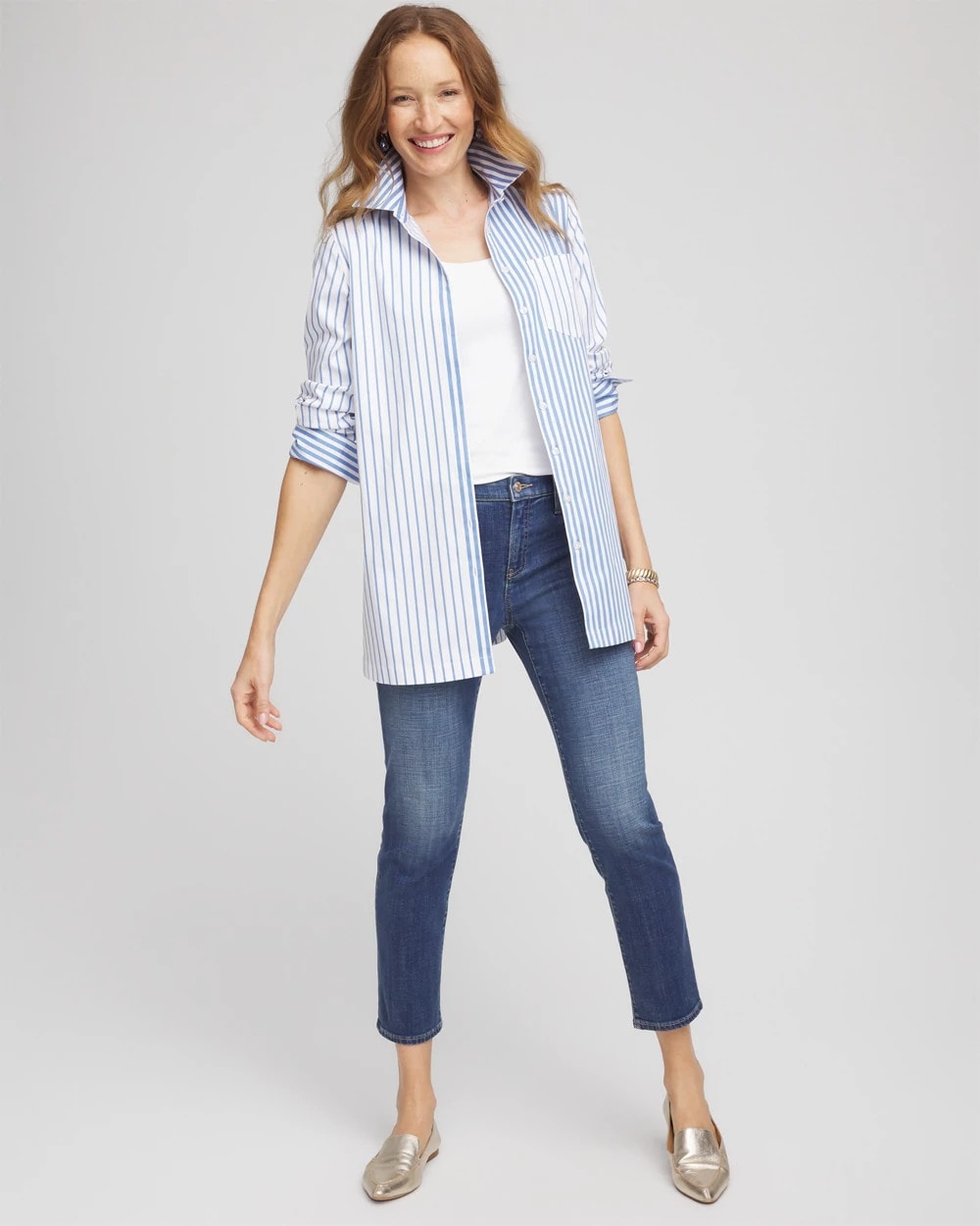 Chico's Value - No Iron™ Stripe Mix Tunic Tidal Blue