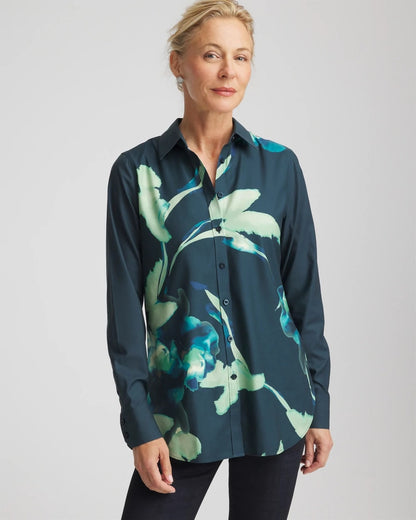 Chico's Hot Sale - No Iron™ Glacial Flora Sateen Shirt Teal Shadow