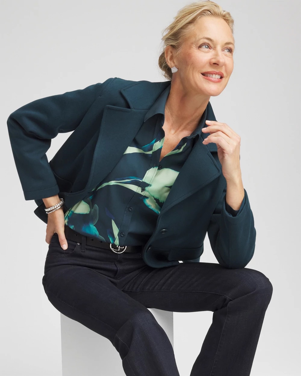 Chico's Hot Sale - No Iron™ Glacial Flora Sateen Shirt Teal Shadow