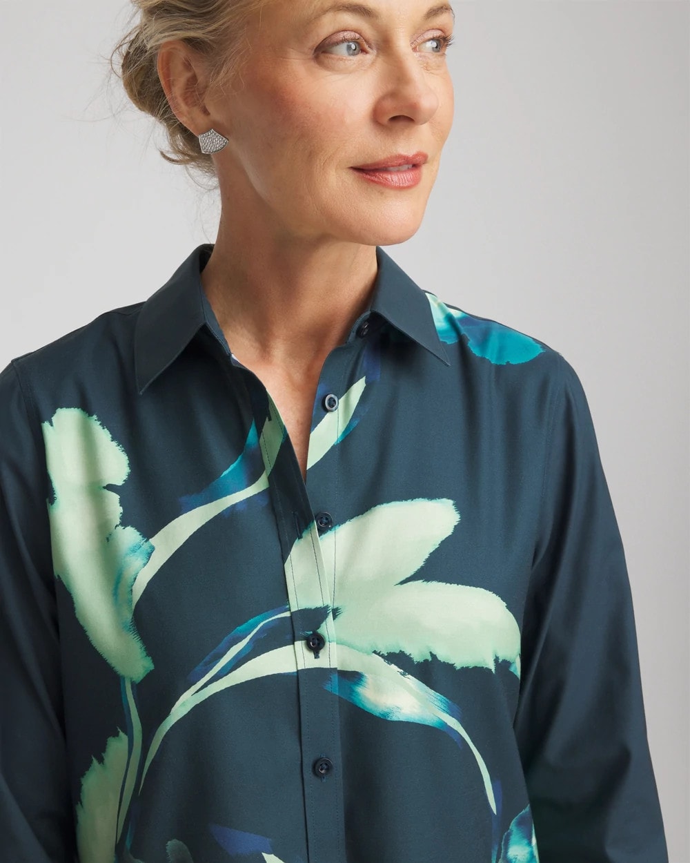 Chico's Hot Sale - No Iron™ Glacial Flora Sateen Shirt Teal Shadow
