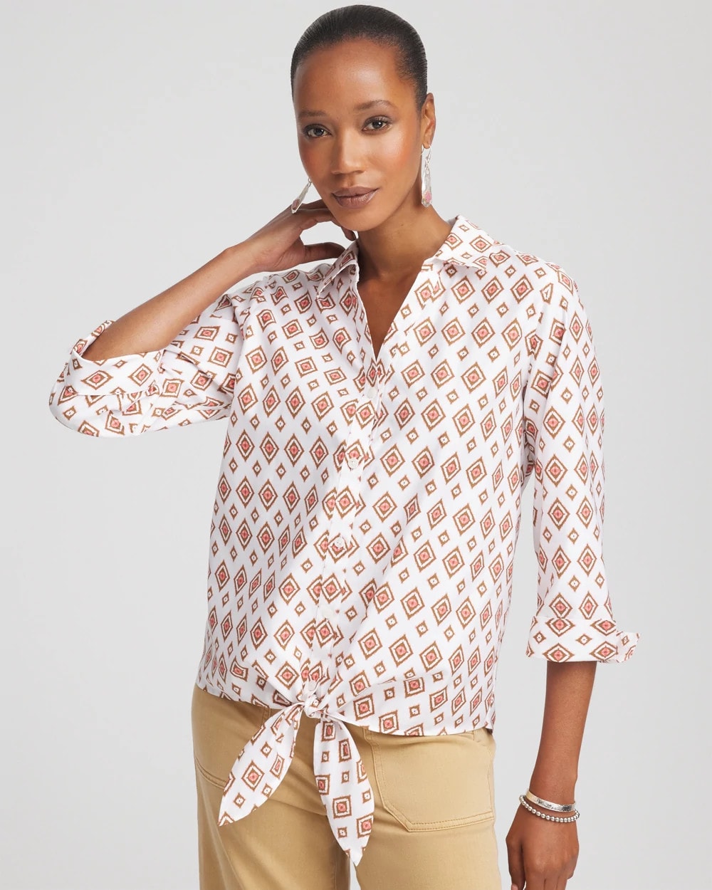 Chico's Special Offer - No Iron™ Tie-Front Geo-Print Shirt Siesta Rose