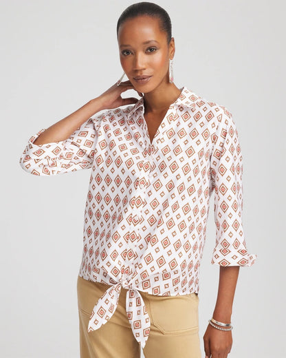 Chico's Special Offer - No Iron™ Tie-Front Geo-Print Shirt Siesta Rose