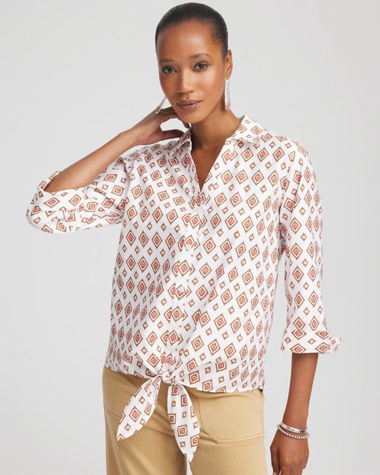 Chico's Special Offer - No Iron™ Tie-Front Geo-Print Shirt Siesta Rose