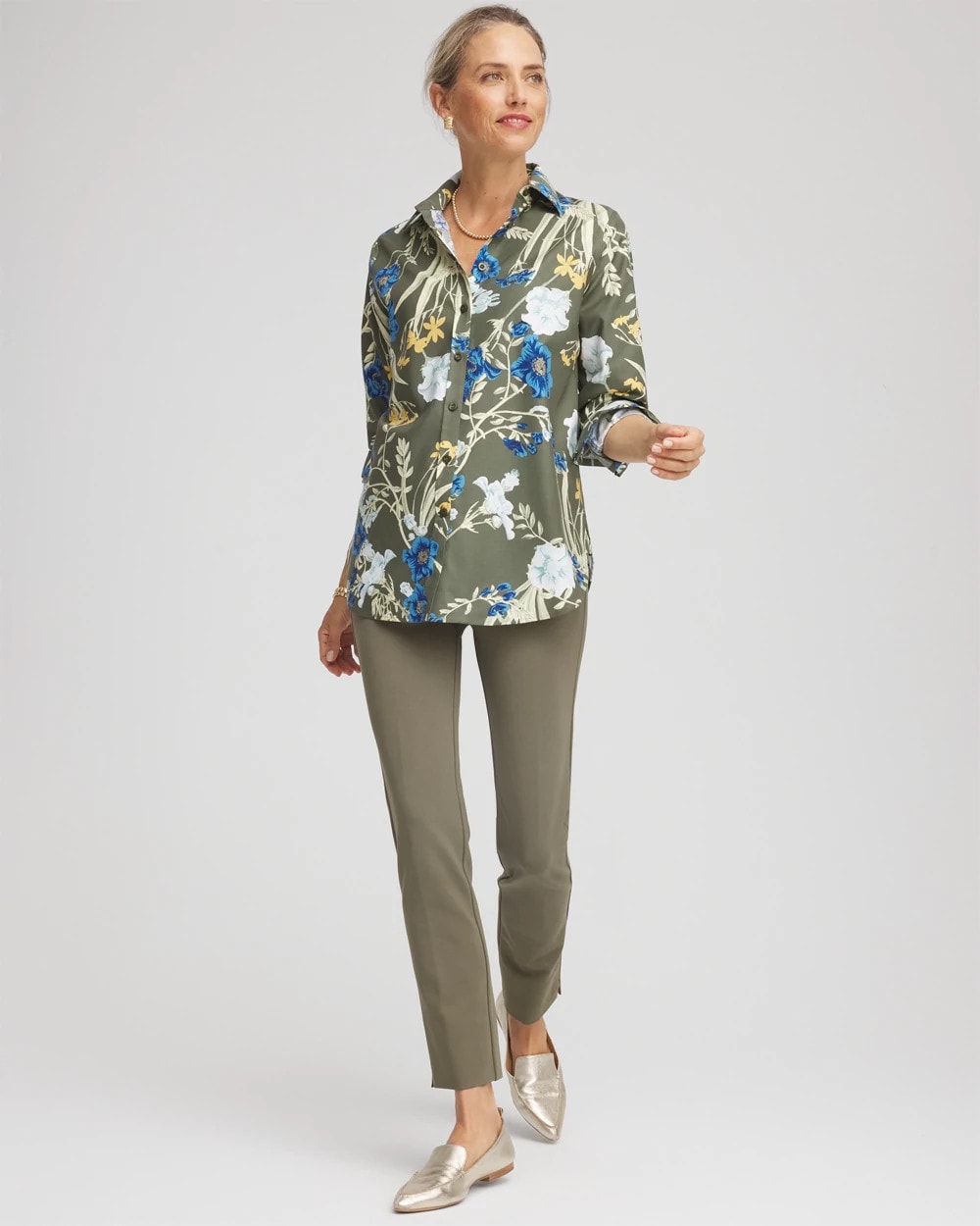 Chico's Trusted - No Iron™ Printed Sateen Shirt Nettle Leaf
