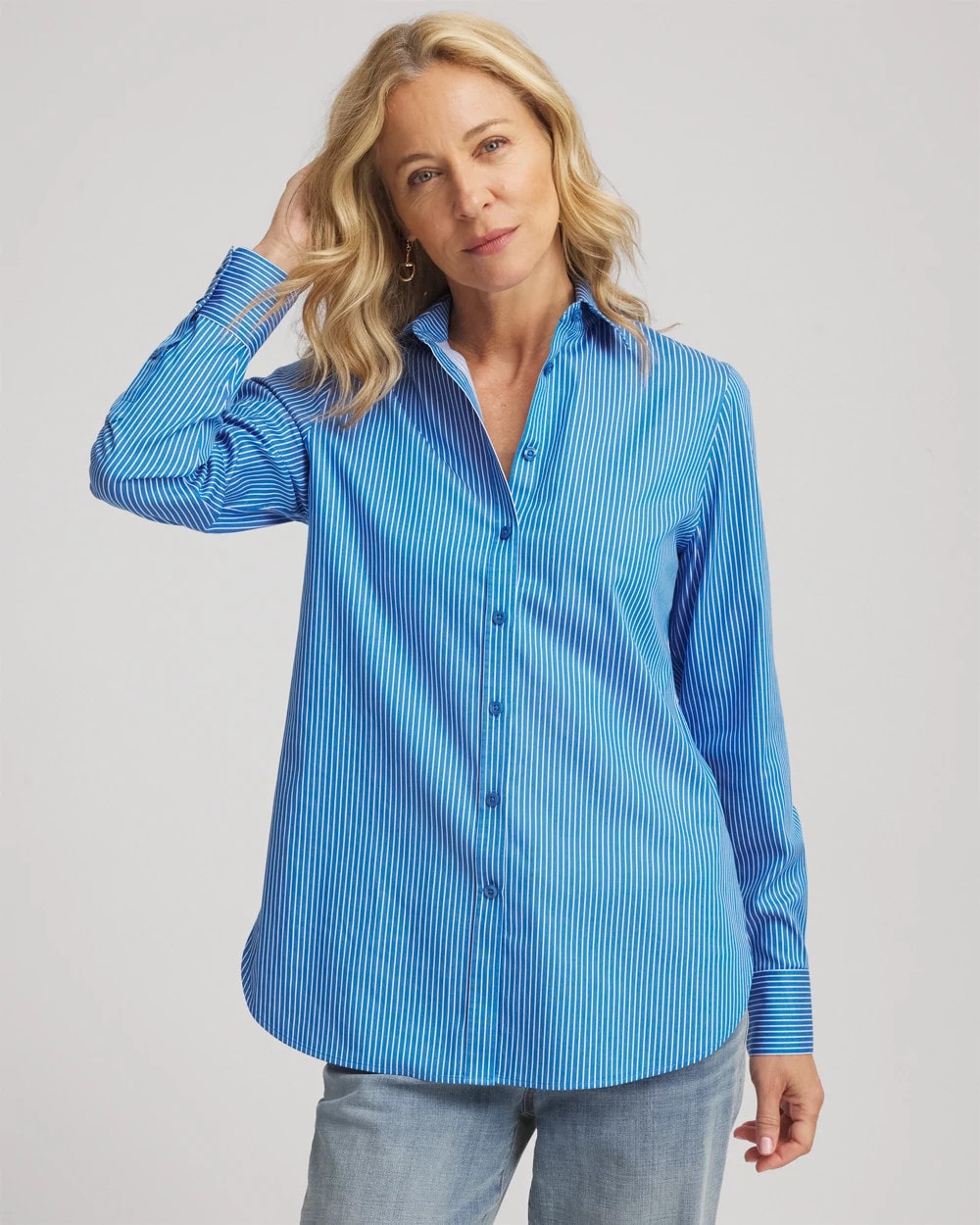 Chico's New - No Iron™ Classic Striped Shirt Empire Blue
