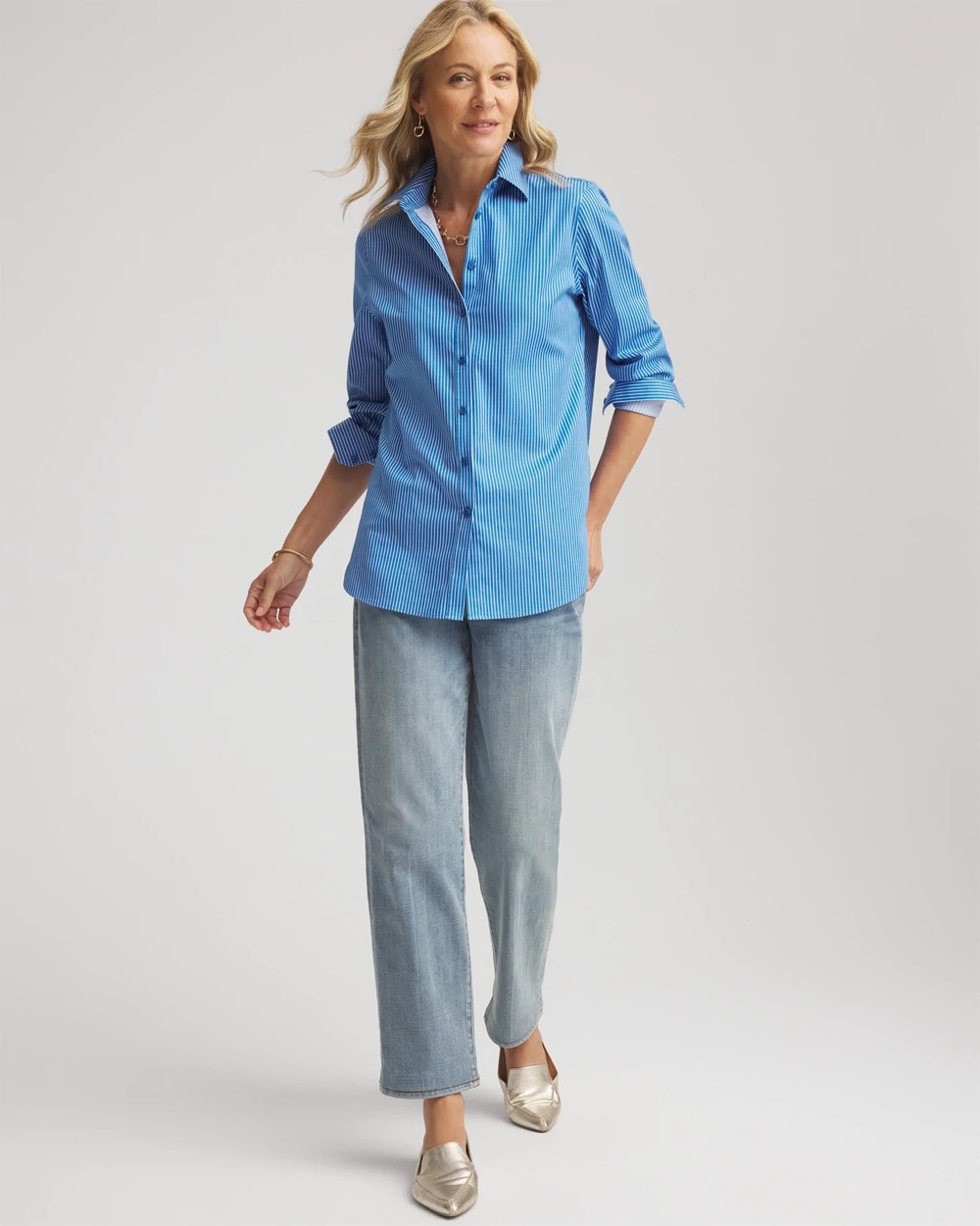 Chico's New - No Iron™ Classic Striped Shirt Empire Blue