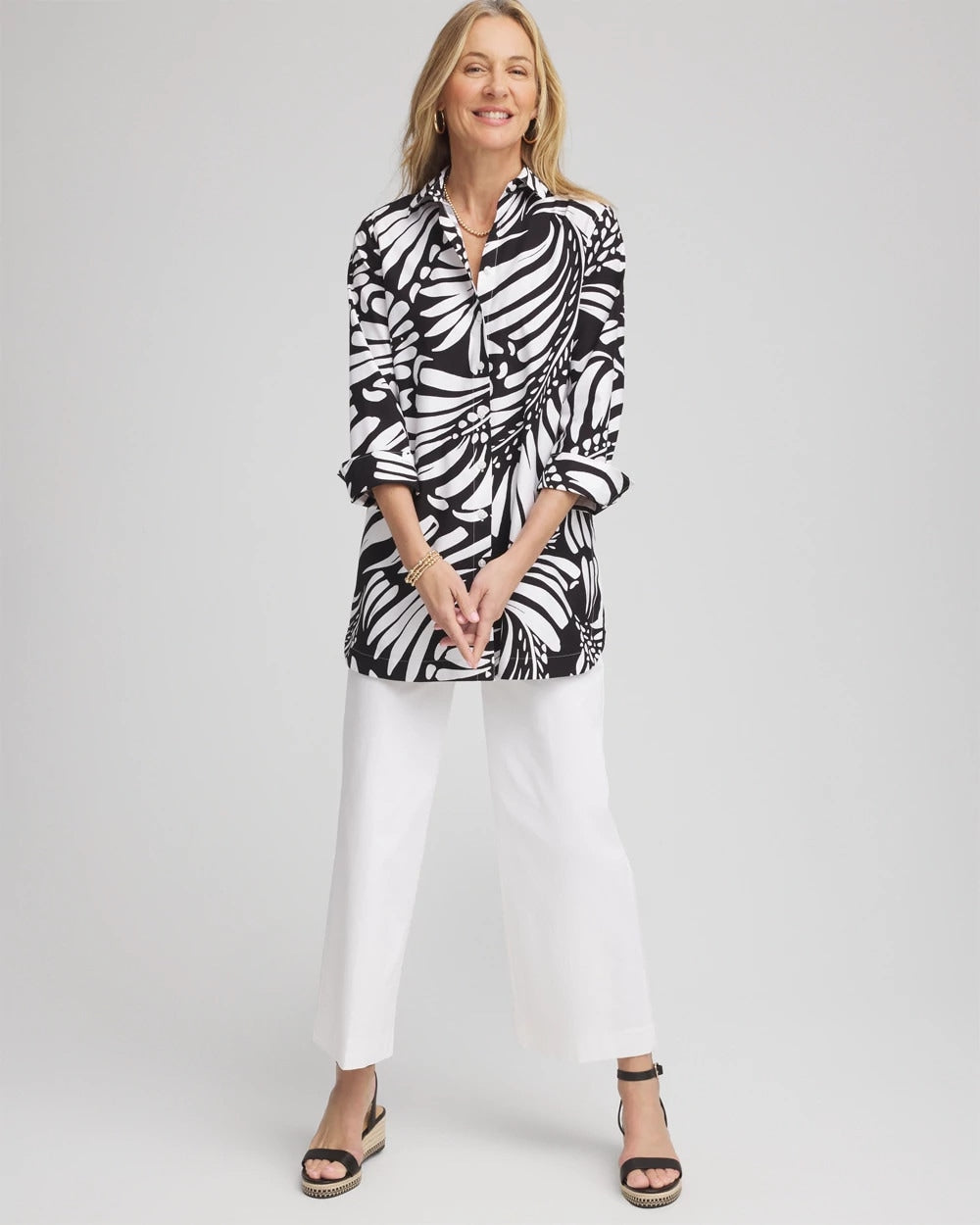 Chico's Popular - No Iron™ Printed Palms Button Down Tunic Black