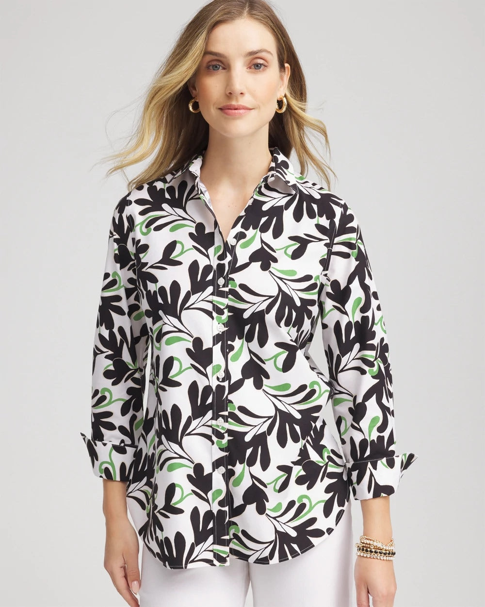 Chico's Trusted - No Iron™ Abstract Floral Shirt Salted Lime