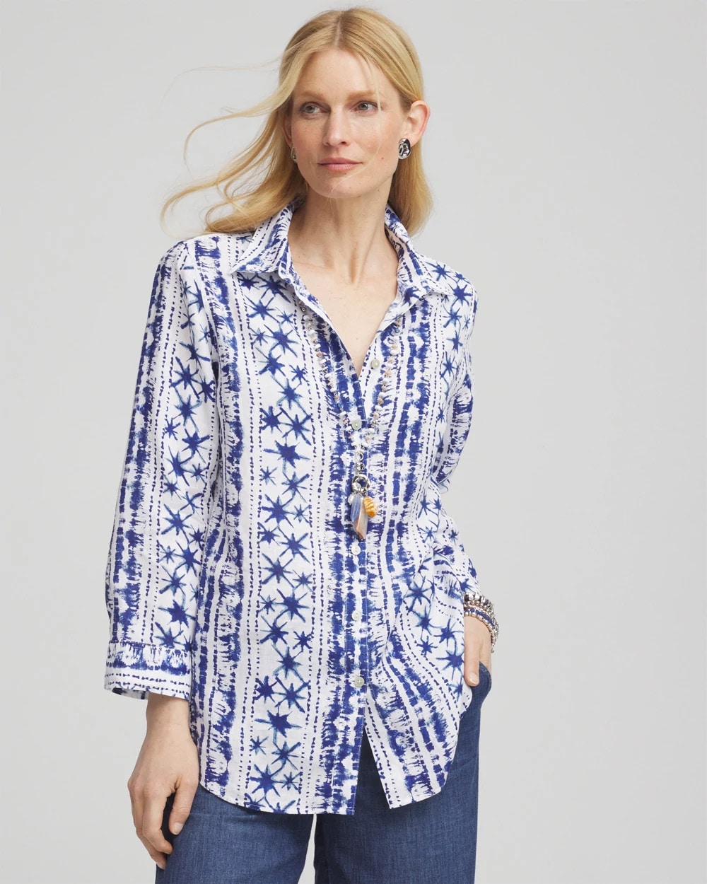 Chico's Essential - No Iron™ Star Print Linen Shirt Rich Cobalt