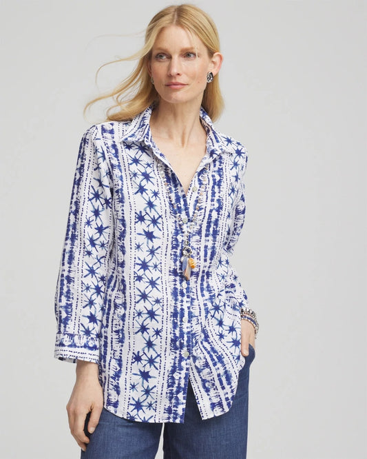 Chico's Essential - No Iron™ Star Print Linen Shirt Rich Cobalt