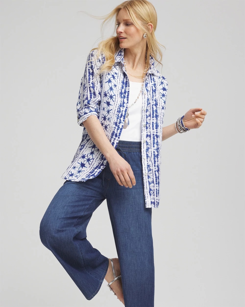 Chico's Essential - No Iron™ Star Print Linen Shirt Rich Cobalt