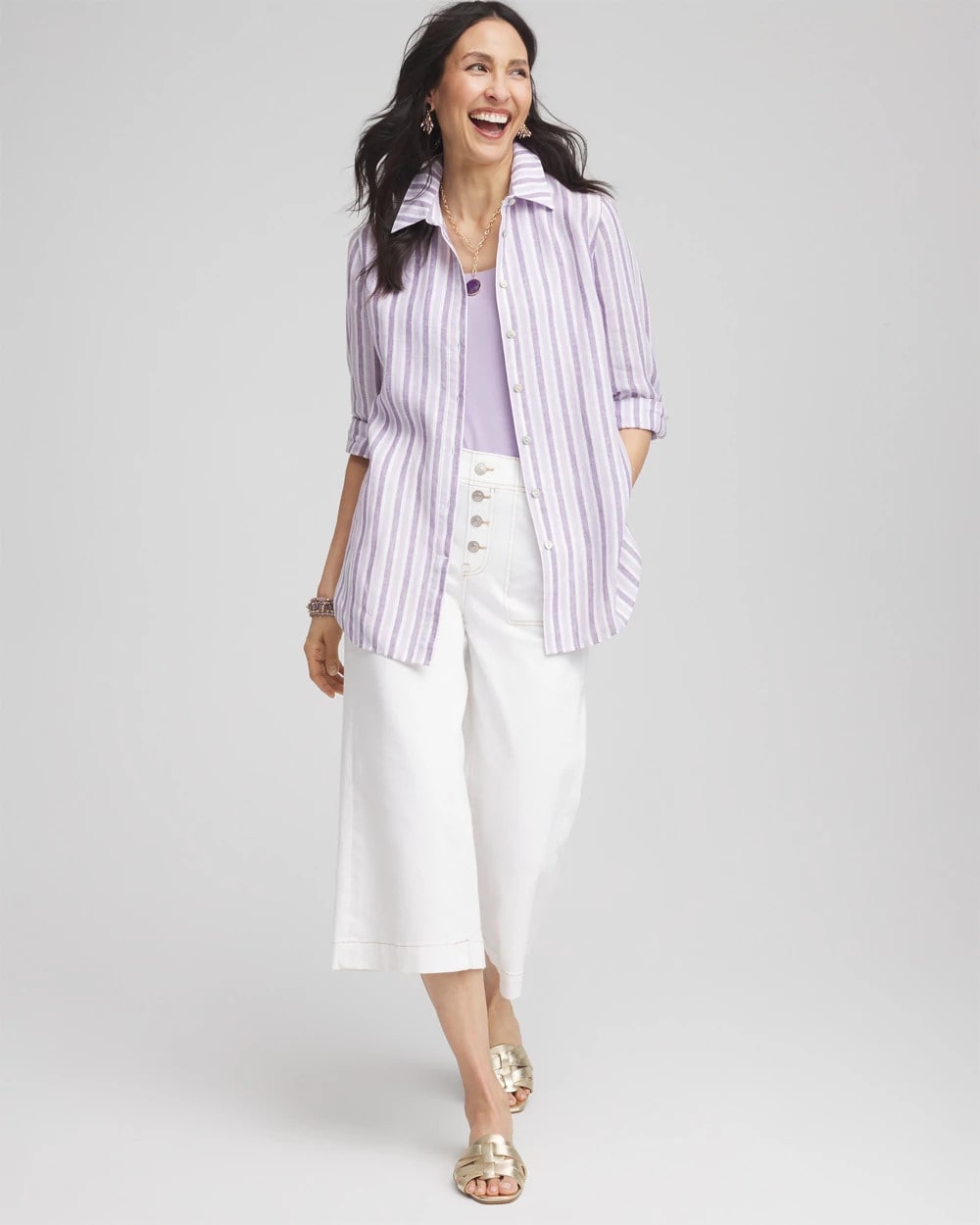 Chico's Classic - No Iron™ Plum Striped Linen Shirt Plum Shade