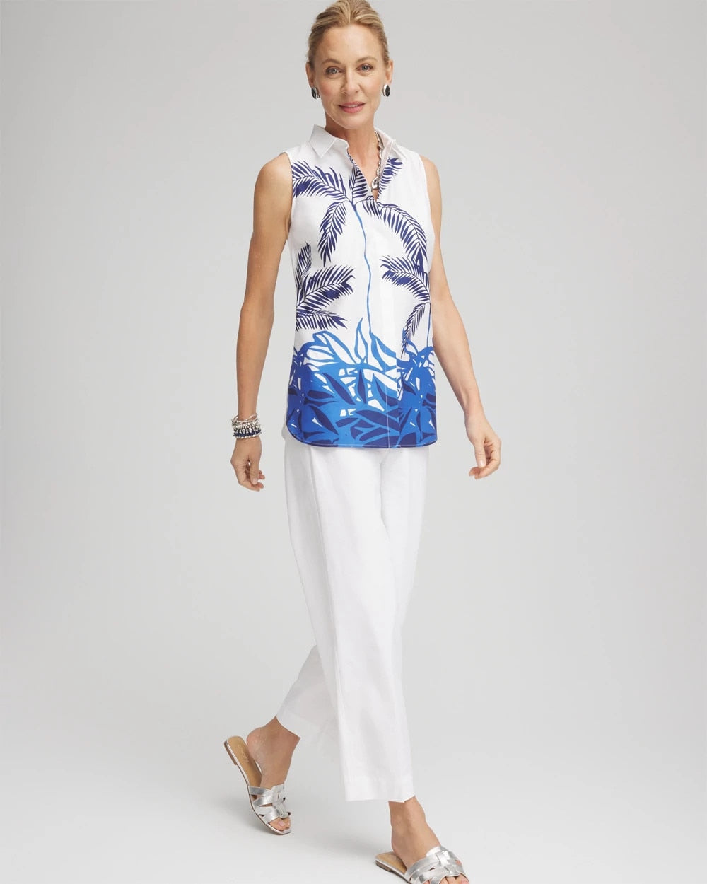 Chico's Best Seller - No Iron™ Palms Sleeveless Sateen Shirt Blue Casa