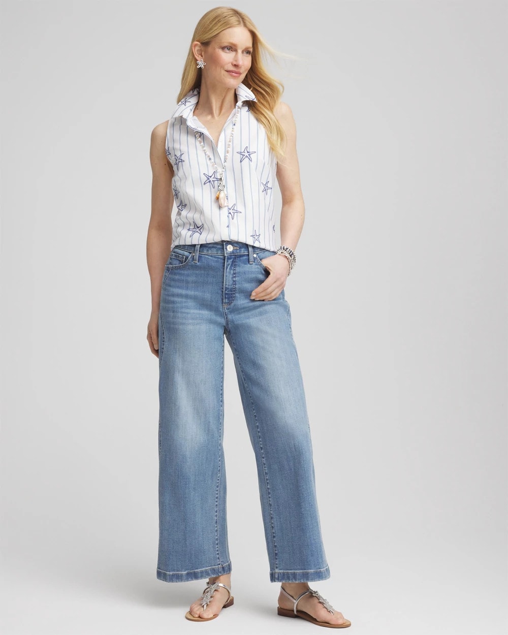 Chico's Essential - No Iron™ Starfish Striped Sleeveless Sateen Shirt Optic White