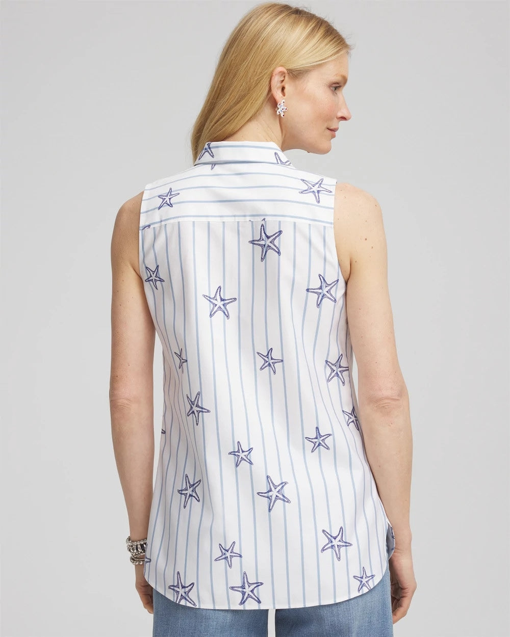 Chico's Essential - No Iron™ Starfish Striped Sleeveless Sateen Shirt Optic White