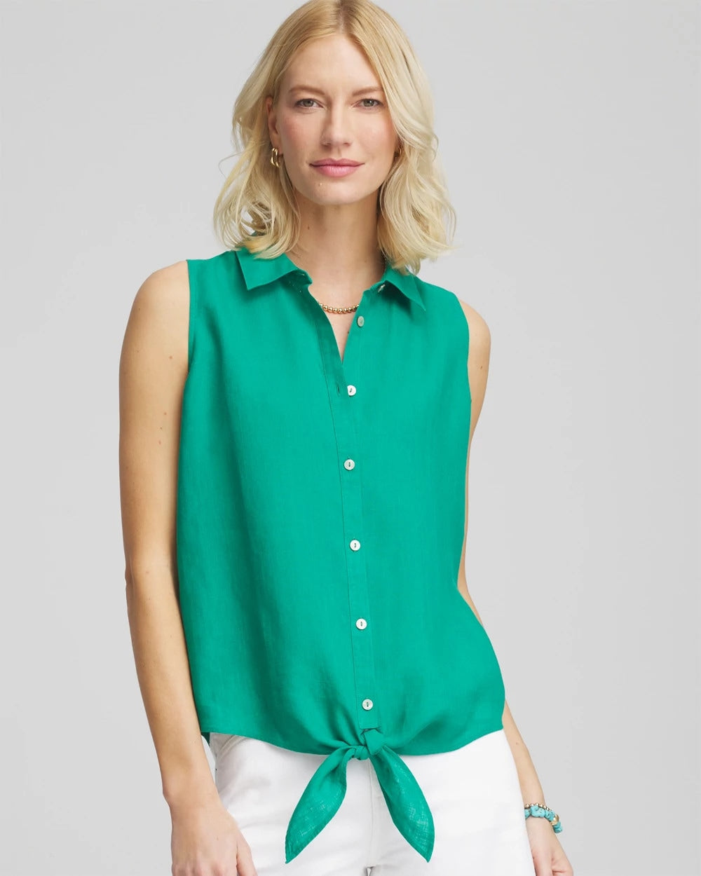 Chico's Best Price - No Iron™ Linen Tie-Front Sleeveless Shirt Eden Green