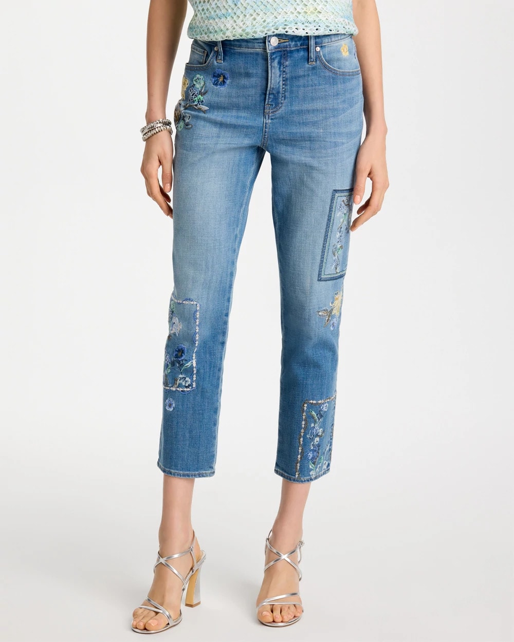 Chico's Great Value - Floral Patchwork Girlfriend Crop Jeans Aquamarine Indigo