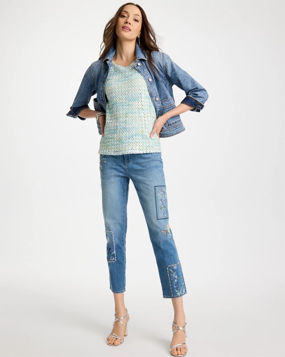 Chico's Great Value - Floral Patchwork Girlfriend Crop Jeans Aquamarine Indigo