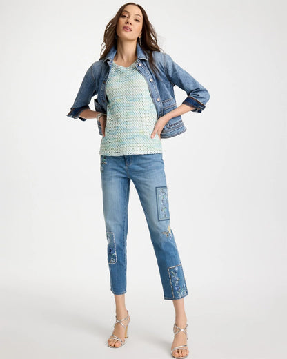 Chico's Great Value - Floral Patchwork Girlfriend Crop Jeans Aquamarine Indigo