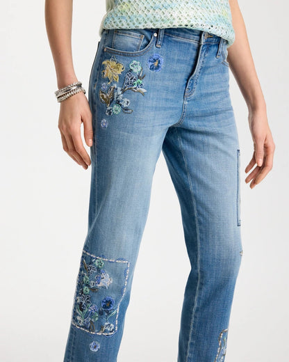 Chico's Great Value - Floral Patchwork Girlfriend Crop Jeans Aquamarine Indigo