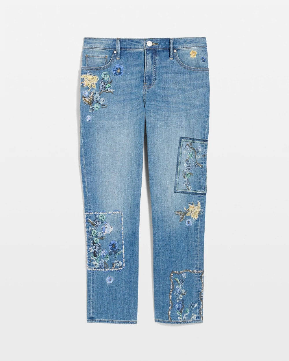 Chico's Great Value - Floral Patchwork Girlfriend Crop Jeans Aquamarine Indigo