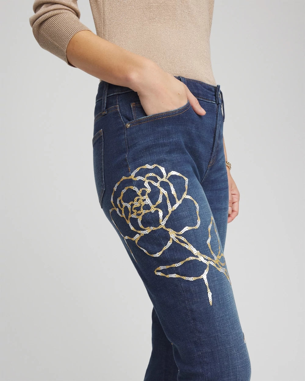 Chico's Recommended - Sequins Rose Girlfriend Slim-Leg Jeans Sequoia Indigo