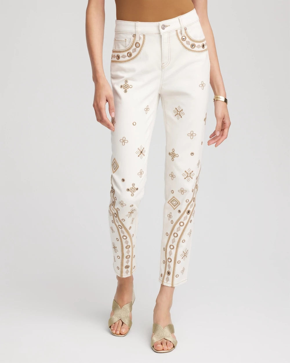 Chico's Top Pick - Embellished Girlfriend Slim Ankle Jeans Sea Salt