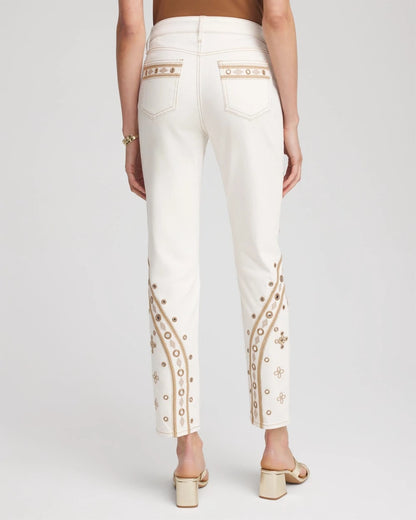 Chico's Top Pick - Embellished Girlfriend Slim Ankle Jeans Sea Salt