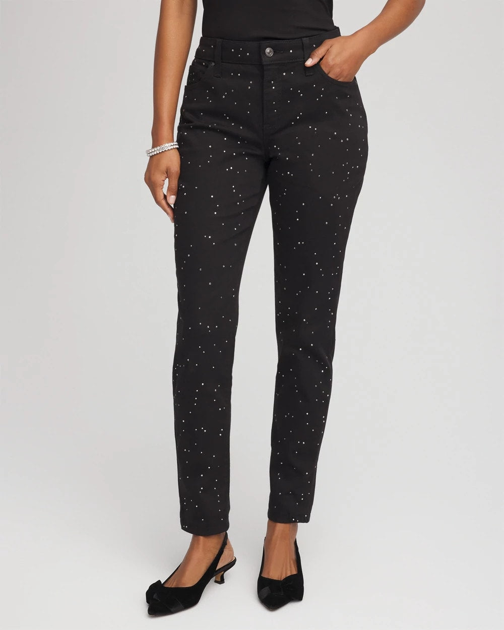 Chico's Popular - Stone Embellished Girlfriend Slim Ankle Jeans Black