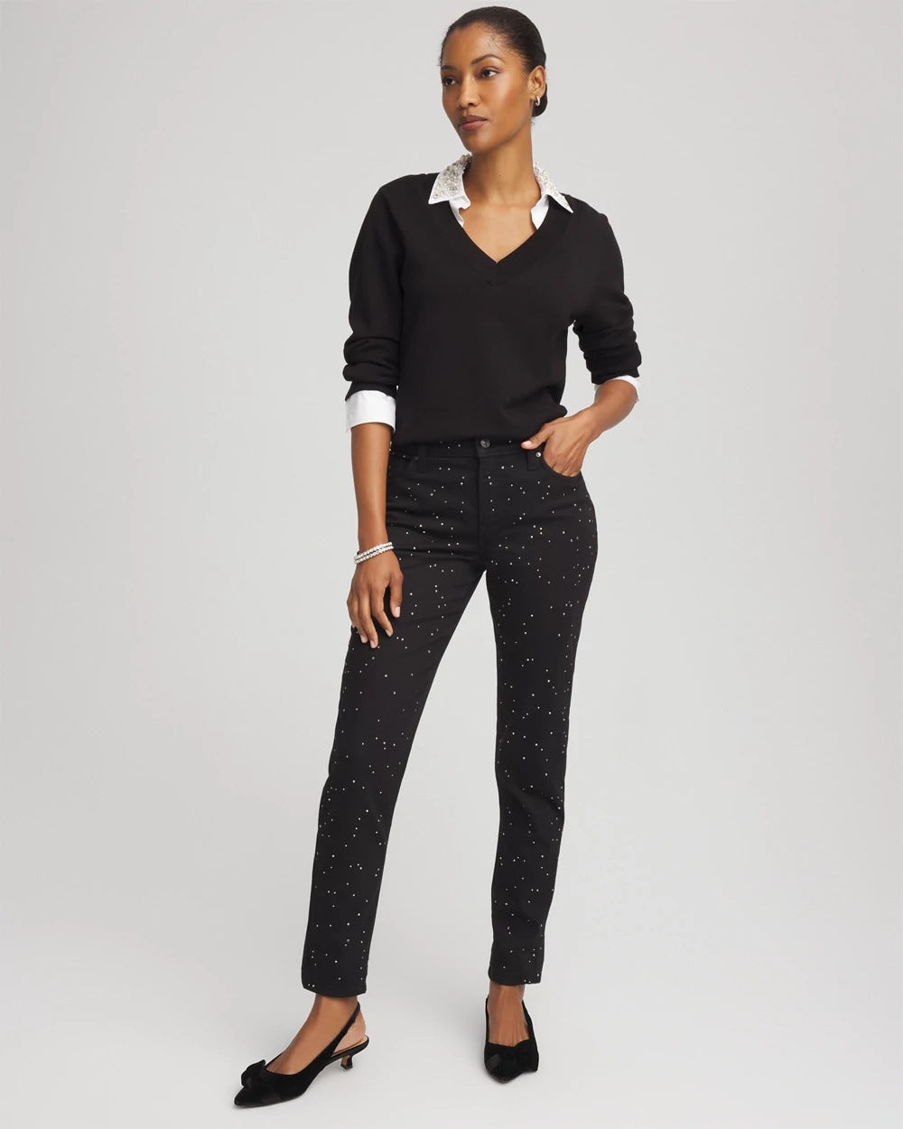 Chico's Popular - Stone Embellished Girlfriend Slim Ankle Jeans Black