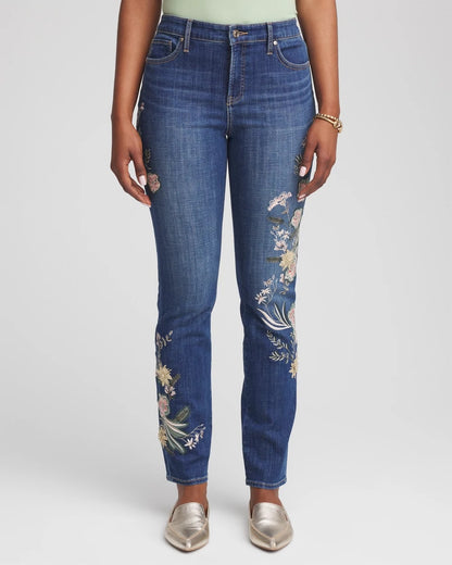 Chico's Best Seller - Appliqué Girlfriend Slim Ankle Jeans Dragon Road Indigo