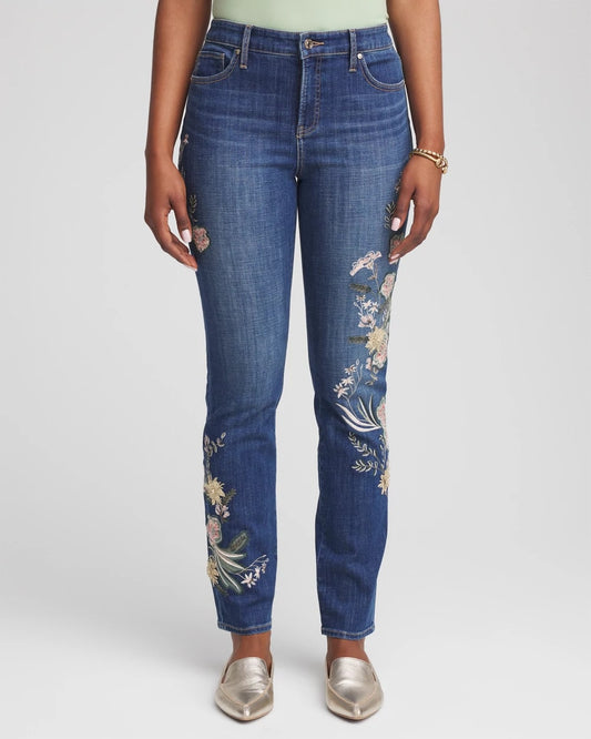 Chico's Best Seller - Appliqué Girlfriend Slim Ankle Jeans Dragon Road Indigo