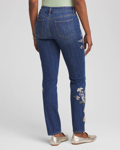 Chico's Best Seller - Appliqué Girlfriend Slim Ankle Jeans Dragon Road Indigo