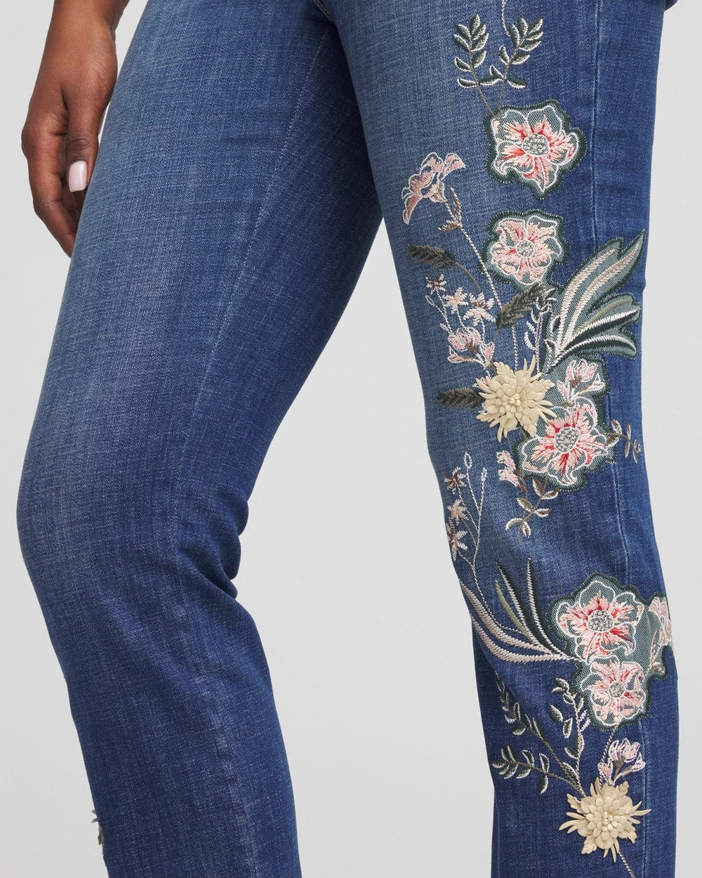Chico's Best Seller - Appliqué Girlfriend Slim Ankle Jeans Dragon Road Indigo