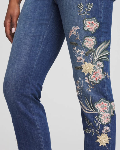 Chico's Best Seller - Appliqué Girlfriend Slim Ankle Jeans Dragon Road Indigo