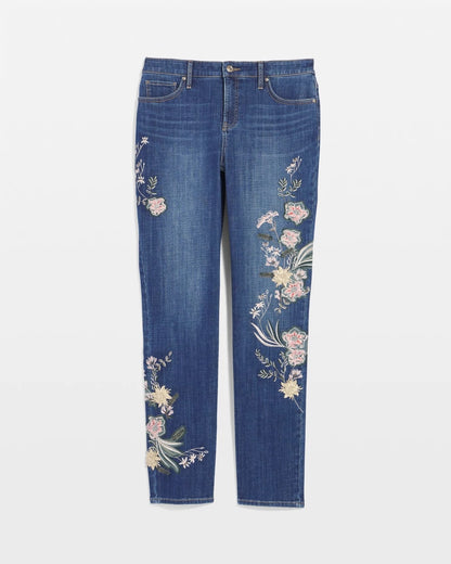 Chico's Best Seller - Appliqué Girlfriend Slim Ankle Jeans Dragon Road Indigo