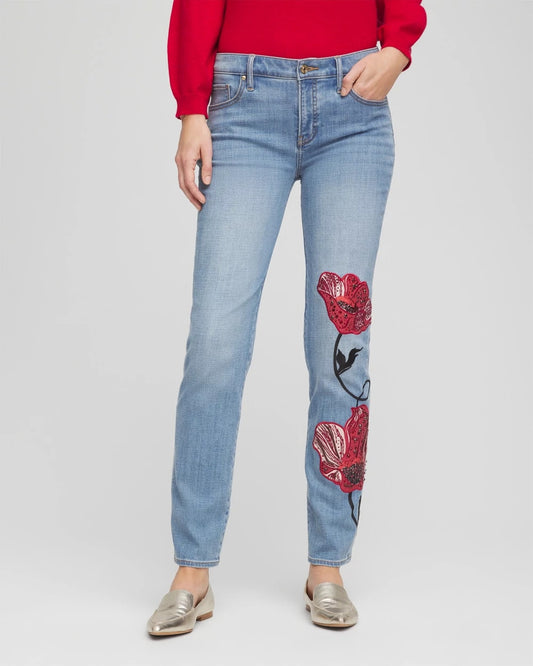 Chico's Classic - Placed Floral Girlfriend Slim Ankle Jeans Poppy Indigo