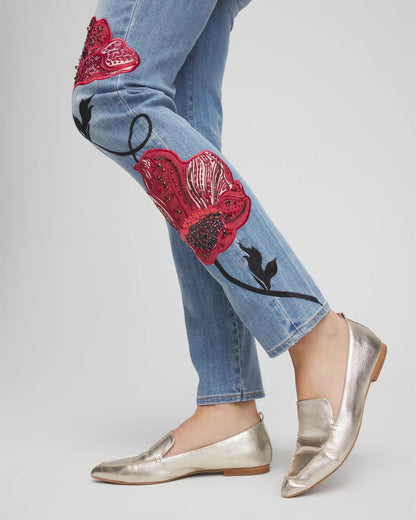 Chico's Classic - Placed Floral Girlfriend Slim Ankle Jeans Poppy Indigo