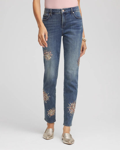 Chico's Trusted - Embellished Starbursts Girlfriend Slim Ankle Jeans Brilliant Blue Indigo
