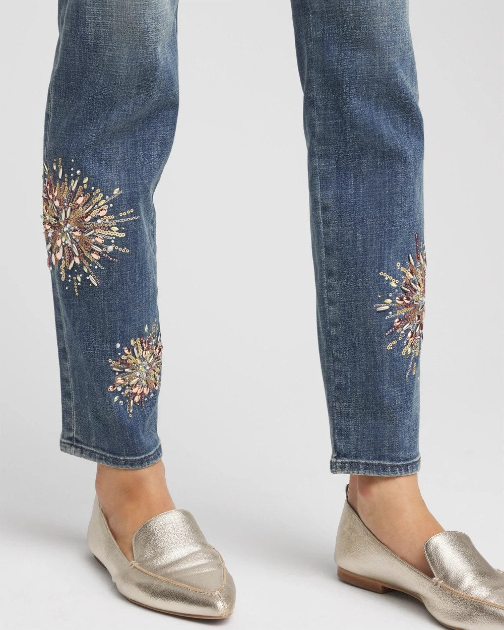Chico's Trusted - Embellished Starbursts Girlfriend Slim Ankle Jeans Brilliant Blue Indigo