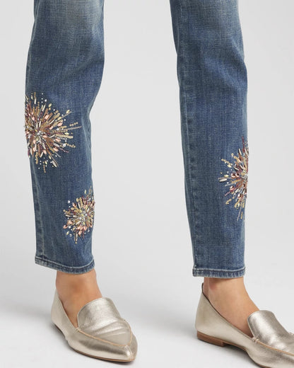 Chico's Trusted - Embellished Starbursts Girlfriend Slim Ankle Jeans Brilliant Blue Indigo