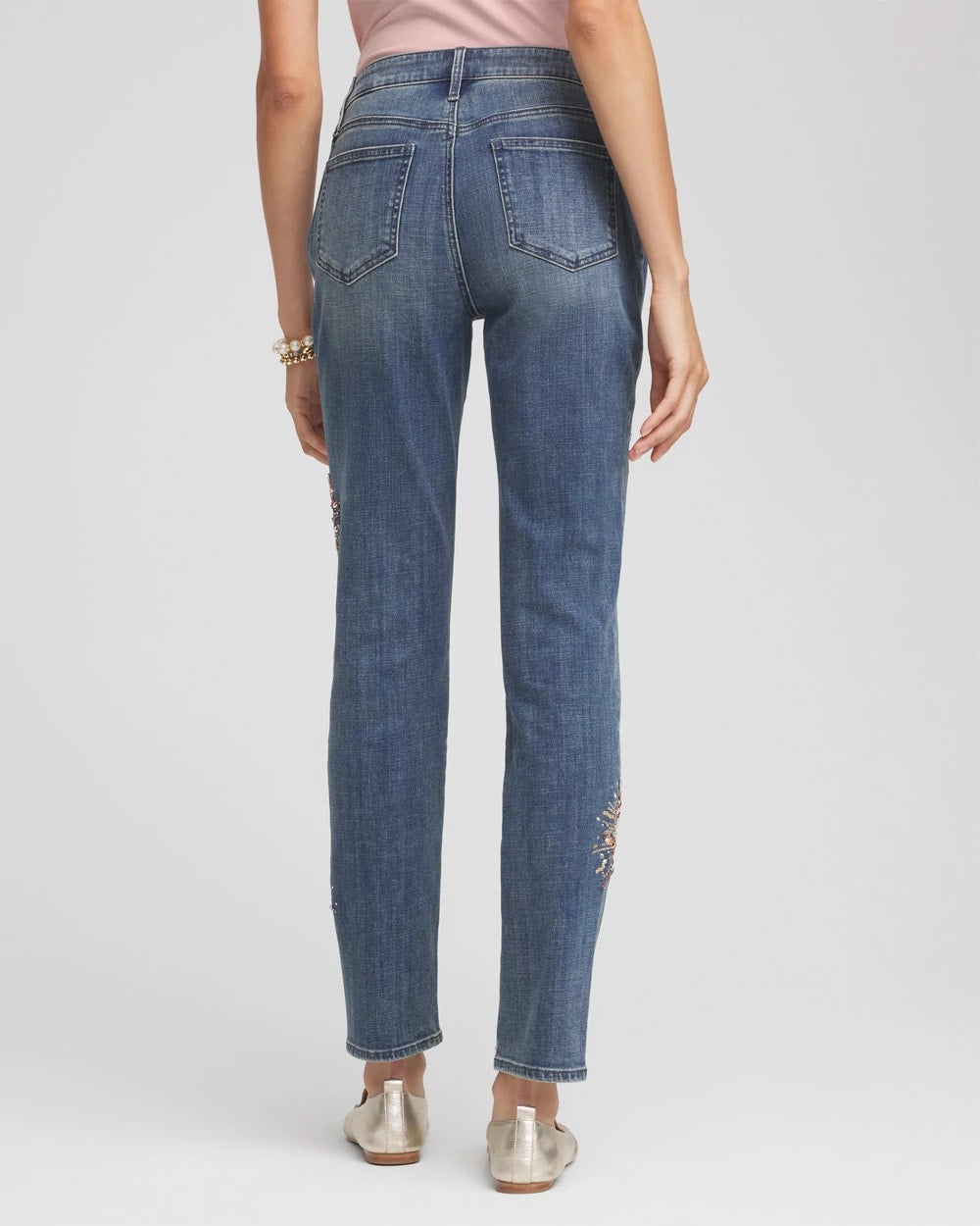 Chico's Trusted - Embellished Starbursts Girlfriend Slim Ankle Jeans Brilliant Blue Indigo