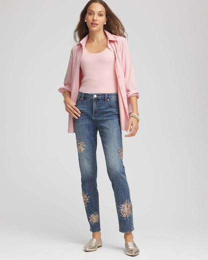 Chico's Trusted - Embellished Starbursts Girlfriend Slim Ankle Jeans Brilliant Blue Indigo