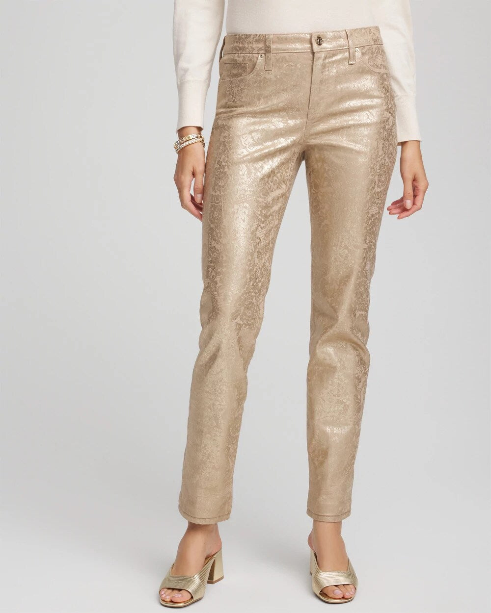 Chico's Best Seller - Girlfriend Slim Ankle Foiled Lace Jeans Champagne Fizz